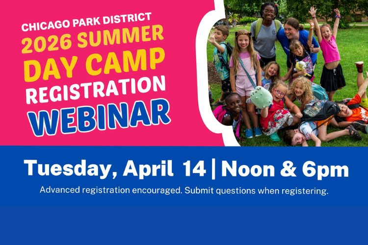 Graphic advertising a 2026 Chicago Park District summer day camp webinar on April 14.